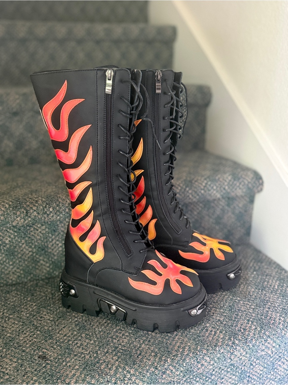 GG‎ Collection Black Lace-Up Platform Boots with Red Orange Flame Accents size 8